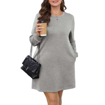 WIHOLL Dresses for Women Long Sleeve Casual Fall Dresses 2024 Solid Color Loose Mini Dress Teacher Dress Outfits Light Grey 2XL