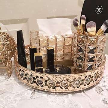 ADOUS HOUSE Glass Mirror, Metal Mirrored Ornate Decorative Tray Jewelry, Tray 12'' x 4'' - Champagne Gold Finish