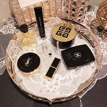 ADOUS HOUSE Glass Mirror, Metal Mirrored Ornate Decorative Tray Jewelry, Tray 12'' x 4'' - Champagne Gold Finish