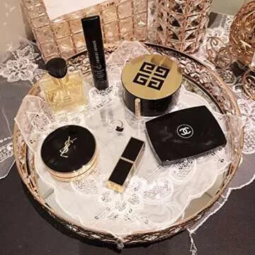 ADOUS HOUSE Glass Mirror, Metal Mirrored Ornate Decorative Tray Jewelry, Tray 12'' x 4'' - Champagne Gold Finish