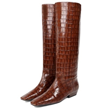 COMJUY 1" Brown Crocodile Knee High Boots Women Low Heel, Kitten Heel Knee High Boots for Women Pull...