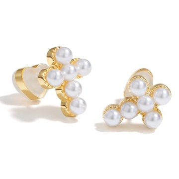 PANSTAR 14K Gold Cross Earrings for Women - Elegant Pearl Studs