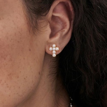 PANSTAR 14K Gold Cross Pearl Earrings for Women