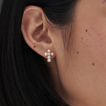 PANSTAR 14K Gold Cross Pearl Earrings for Women