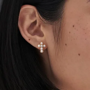 PANSTAR 14K Gold Cross Pearl Earrings for Women