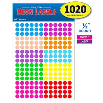 Pack of 1020 1/2" Round Color Coding Circle Dot Labels, 10 Bright Neon Colors, 8 1/2" x 11" Sheet, Fits Any Printer