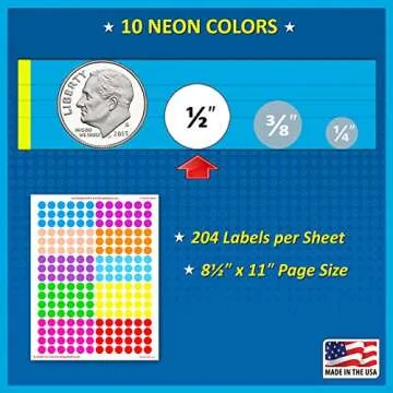 Pack of 1020 1/2" Round Color Coding Circle Dot Labels, 10 Bright Neon Colors, 8 1/2" x 11" Sheet, Fits Any Printer