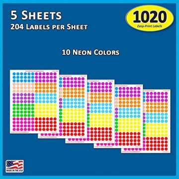 Pack of 1020 1/2" Round Color Coding Circle Dot Labels, 10 Bright Neon Colors, 8 1/2" x 11" Sheet, Fits Any Printer