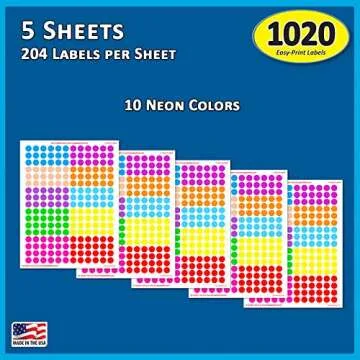 Pack of 1020 1/2" Round Color Coding Circle Dot Labels, 10 Bright Neon Colors, 8 1/2" x 11" Sheet, Fits Any Printer