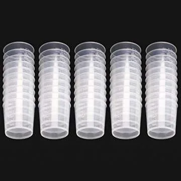 WXJ13 50 Pack 30ml Plastic Reusable Graduated Cups Transparent Scale Cups with 50 Pack Wooden Stirring Sticks for Mixing Paint, Stain, Epoxy, Resin