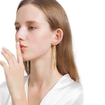 Tassel Earrings 925 Sterling Silver 14K Gold Plated Glossy Arc/Bar Long Thread Geometric Earrings fo...