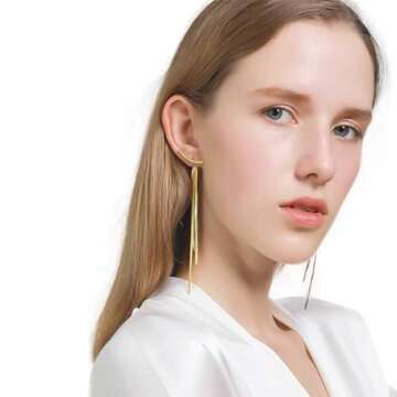 Tassel Earrings 925 Sterling Silver 14K Gold Plated Glossy Arc/Bar Long Thread Geometric Earrings for Women Girl Gifts Present Valentines Birthday Anniversary Mothers Day Christmas Gold Color