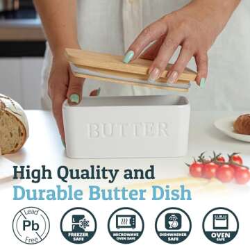 PriorityChef Large Butter Dish with Lid for Countertop, Ceramic Butter Container With Airtight Cover, Butter Keeper for Counter or Fridge, Butter Holder Storage, White