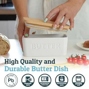 PriorityChef Large Butter Dish with Lid for Countertop, Ceramic Butter Container With Airtight Cover, Butter Keeper for Counter or Fridge, Butter Holder Storage, White