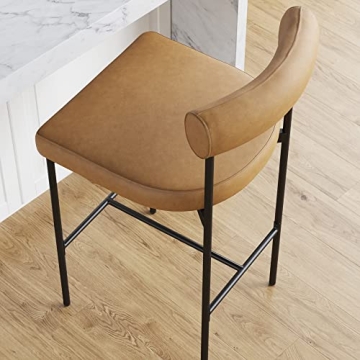 Nathan James Dahlia Counter Height Chair, Modern Barstool with Back, Mid-Century Metal Legs and Leather Padded Cushion for Kitchen, Island and Bars, Brown/Black