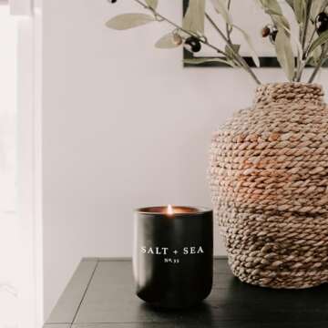 Sweet Water Decor Salt and Sea Soy Candle | Sea Salt, Citrus, Musk and Amber Scented Soy Candles for Home | 12oz Black Stoneware Jar, 60+ Hour Burn Time, Made in the USA