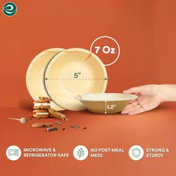 ECO SOUL 100% Compostable, Biodegradable, Disposable Palm Leaf Bowls, Like Bamboo Bowls, Eco-friendly | Sturdy, Microwave & Oven Safe (50, Small 5" (8 Oz) | Round)