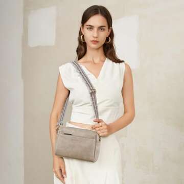BOSTANTEN Small Crossbody Purse for Women Triple Zip Cell Phone Leather Shoulder Handbag with Wide Guitar Strap Grey