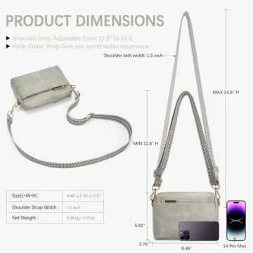 BOSTANTEN Small Crossbody Purse for Women Triple Zip Cell Phone Leather Shoulder Handbag with Wide Guitar Strap Grey