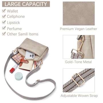 BOSTANTEN Small Crossbody Purse for Women Triple Zip Cell Phone Leather Shoulder Handbag with Wide Guitar Strap Grey