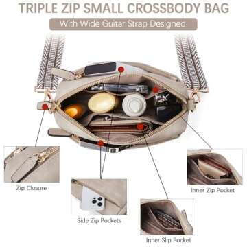 BOSTANTEN Small Crossbody Purse for Women Triple Zip Cell Phone Leather Shoulder Handbag with Wide Guitar Strap Grey