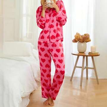 Juakoso Valentine's Day Pajamas Sets Women Cute Pink Heart Print Pjs Sets Shirt Top Pants 2 Piece Sets Sleepwear