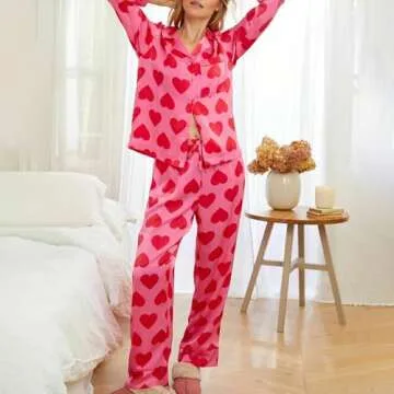 Juakoso Valentine's Day Pajamas Sets Women Cute Pink Heart Print Pjs Sets Shirt Top Pants 2 Piece Sets Sleepwear