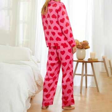 Juakoso Valentine's Day Pajamas Sets Women Cute Pink Heart Print Pjs Sets Shirt Top Pants 2 Piece Sets Sleepwear