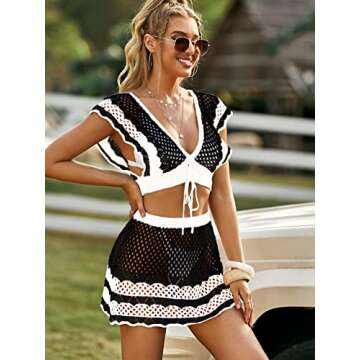 GORGLITTER Women's 2 Piece Crochet Cover Up Set Hollow Out Backless Beach Swim Coverups Swimsuit