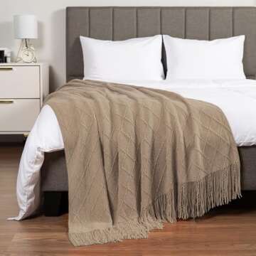 PAVILIA Tan Taupe Knit Throw Blanket for Couch, Twin Bed, Soft Knitted Farmhouse Sofa Throw for Livi...