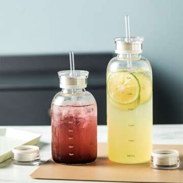 DNIENKGE Glass water bottle With Time Marker -24oz with 2 caps and straw,Reusable Glass Drinking Bottles，Suitable For Drinks, Juices, Sodas, Coke, As Gifts Etc (24oz)