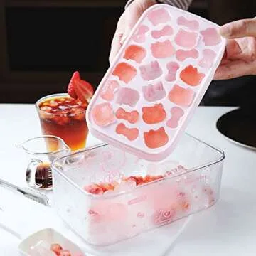 CHEFMADE Hello Kitty Ice Cube Tray with Lid container & scoop, Easy-Release Silicone & Flexible 24pcs cute kitty Ice Cubes for Chingling Cocktail and Milk Tea (Pink)
