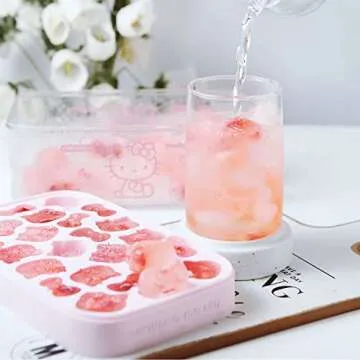 CHEFMADE Hello Kitty Ice Cube Tray with Lid container & scoop, Easy-Release Silicone & Flexible 24pcs cute kitty Ice Cubes for Chingling Cocktail and Milk Tea (Pink)