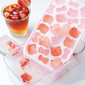 CHEFMADE Hello Kitty Ice Cube Tray with Lid container & scoop, Easy-Release Silicone & Flexible 24pcs cute kitty Ice Cubes for Chingling Cocktail and Milk Tea (Pink)