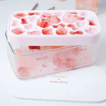 CHEFMADE Hello Kitty Ice Cube Tray with Lid container & scoop, Easy-Release Silicone & Flexible 24pcs cute kitty Ice Cubes for Chingling Cocktail and Milk Tea (Pink)