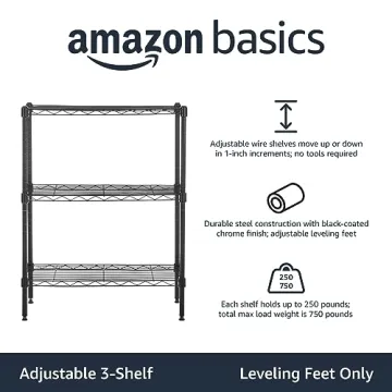Amazon Basics 3-Shelf Adjustable Heavy Duty Steel Wire Rack Storage Shelving Organizer for Kitchen, Garage, 23.2" L x 13.4" W x 30" H, Black