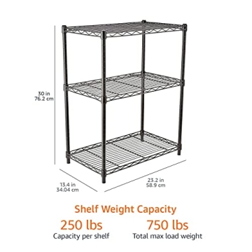 Amazon Basics 3-Shelf Adjustable Heavy Duty Steel Wire Rack Storage Shelving Organizer for Kitchen, Garage, 23.2" L x 13.4" W x 30" H, Black