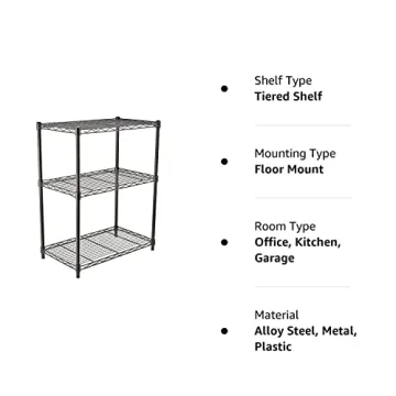Amazon Basics 3-Shelf Adjustable Heavy Duty Steel Wire Rack Storage Shelving Organizer for Kitchen, Garage, 23.2" L x 13.4" W x 30" H, Black