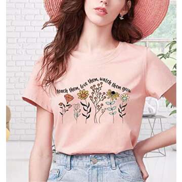 Teacher Shirt Women Teach Them Love Them Watch Them Grow T-Shirt Short Sleeve Wildflower Graphic Tee Top Pink