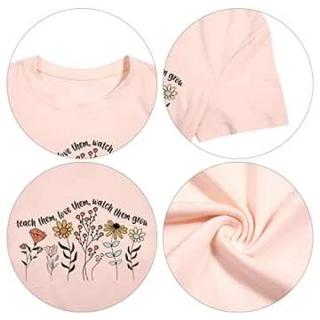 Teacher Shirt Women Teach Them Love Them Watch Them Grow T-Shirt Short Sleeve Wildflower Graphic Tee Top Pink