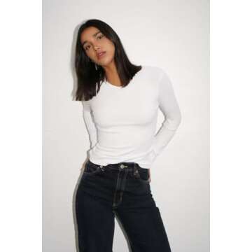 Zicozy 2 Pack Long Sleeve Shirts for Women Crew Neck Basic T Shirts Thermal Shirts Underscrubs Layer Tee Shirts Tops Black White