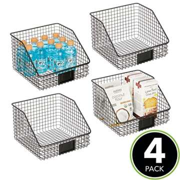 mDesign Slanted Metal Kitchen Food Storage Organizer Bin Basket with Label Slot for Cabinet, Countertop, Pantry - Holder Container for Produce, Fruit, Vegetable, Omaha Collection, 4 Pack, Matte Black