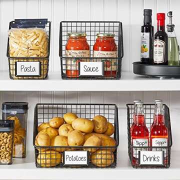 mDesign Slanted Metal Kitchen Food Storage Organizer Bin Basket with Label Slot for Cabinet, Countertop, Pantry - Holder Container for Produce, Fruit, Vegetable, Omaha Collection, 4 Pack, Matte Black