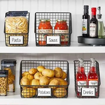 mDesign Slanted Metal Kitchen Food Storage Organizer Bin Basket with Label Slot for Cabinet, Countertop, Pantry - Holder Container for Produce, Fruit, Vegetable, Omaha Collection, 4 Pack, Matte Black