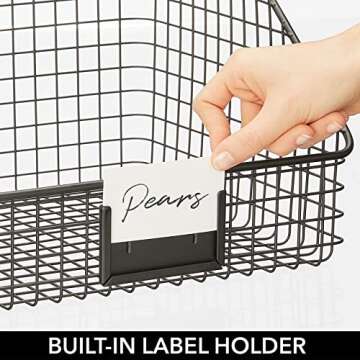 mDesign Slanted Metal Kitchen Food Storage Organizer Bin Basket with Label Slot for Cabinet, Countertop, Pantry - Holder Container for Produce, Fruit, Vegetable, Omaha Collection, 4 Pack, Matte Black