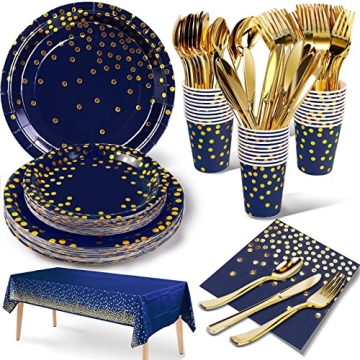 Nkaiso 141 Pieces Navy Blue Gold Party Supplies, Party Dinnerware Sets Include Paper Plates Napkins ...