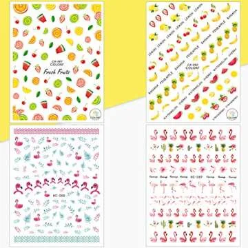 Whaline 1000+ Mixed Nail Art Stickers 3D Self-Adhesive Leaves Stickers Flamingo Cactus Fruits Ocean Leaves Decals for Women Girls Manicure DIY or Nail Salon, 12 Sheets