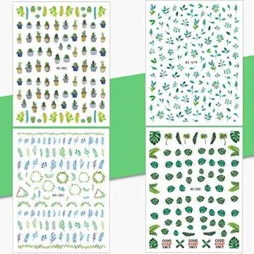 Whaline 1000+ Mixed Nail Art Stickers 3D Self-Adhesive Leaves Stickers Flamingo Cactus Fruits Ocean Leaves Decals for Women Girls Manicure DIY or Nail Salon, 12 Sheets