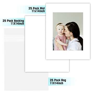 Golden State Art, Acid Free, Pack of 25 11x14 White Picture Mats Mattes with White Core Bevel Cut for 8x10 Photo + Backing + Bags