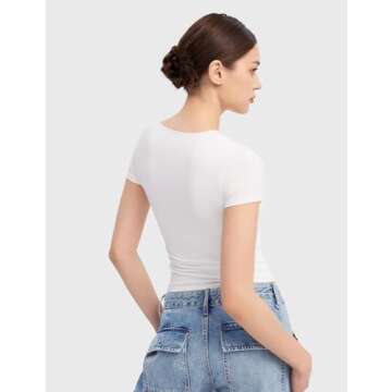 PUMIEY Short Sleeve T Shirts for Women Scoop Neck Top Basic Going Out Crop Tops Summer Slim Fit Tee Shirt Splashed White, X-Small